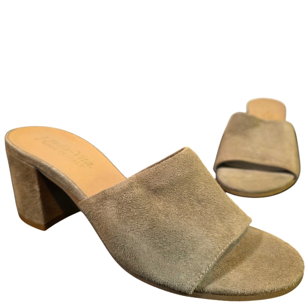 BELLA VITA Women's 8.5 Mel Slide Taupe Suede Block Heel Mule Sandals NWOT